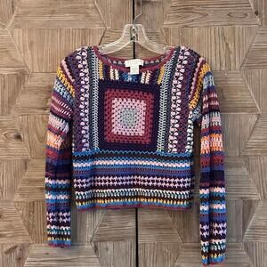 Vintage Express Tricot Sweater Colorful Open Knit Crochet Size M Boho